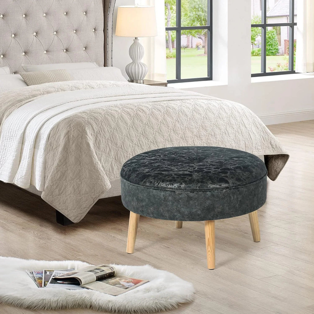 Small Round Velvet Ottoman with Wooden Legs N55591
