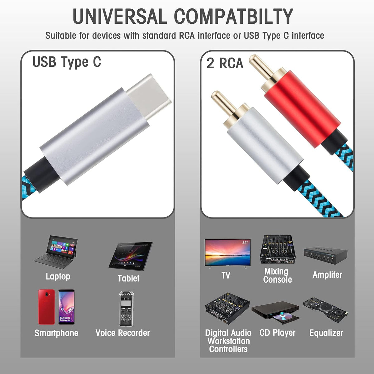 USB C to 2 Male RCA Audio Stereo Cable 15 ft I30325