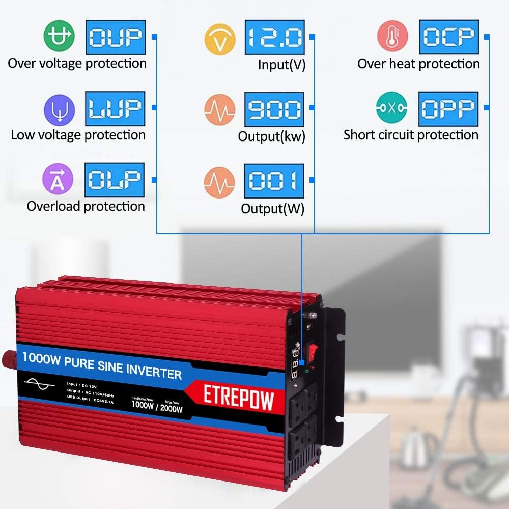 1000 Watt Pure Sine Wave Power Inverter 12V DC to 110V AC H26270