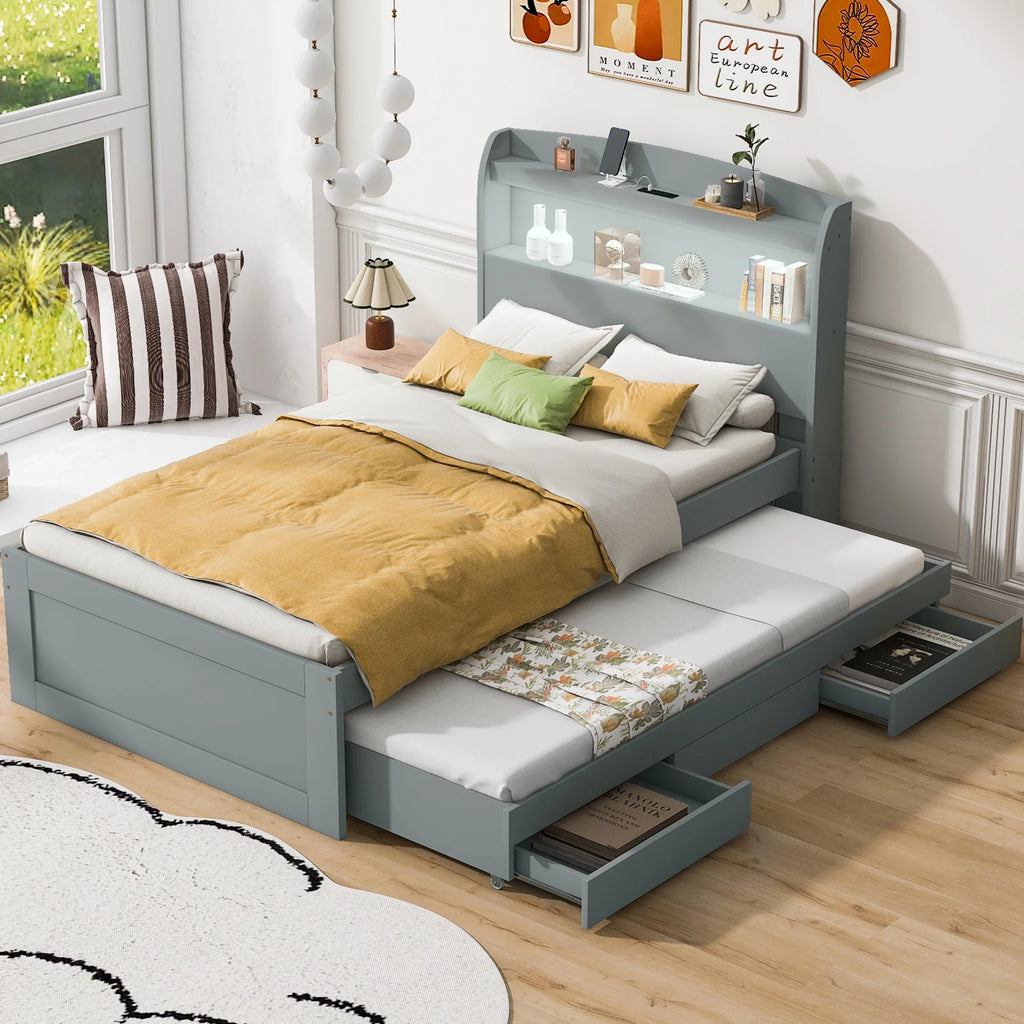 Gray Wood Twin XL Platform Bed with Storage and Drawers V1061