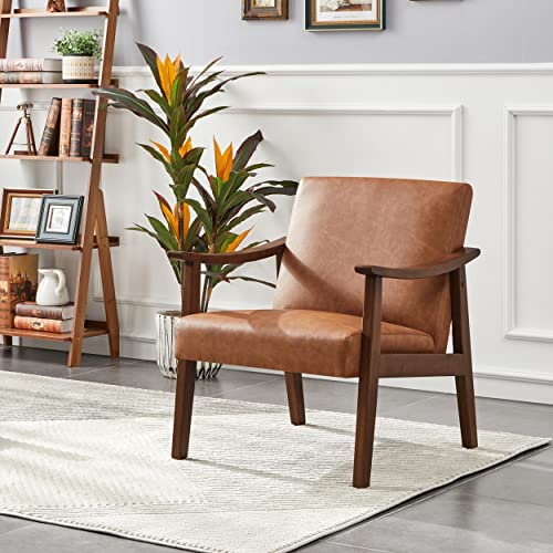 Brown PU Leather Accent Chair with Solid Wood Legs C531244