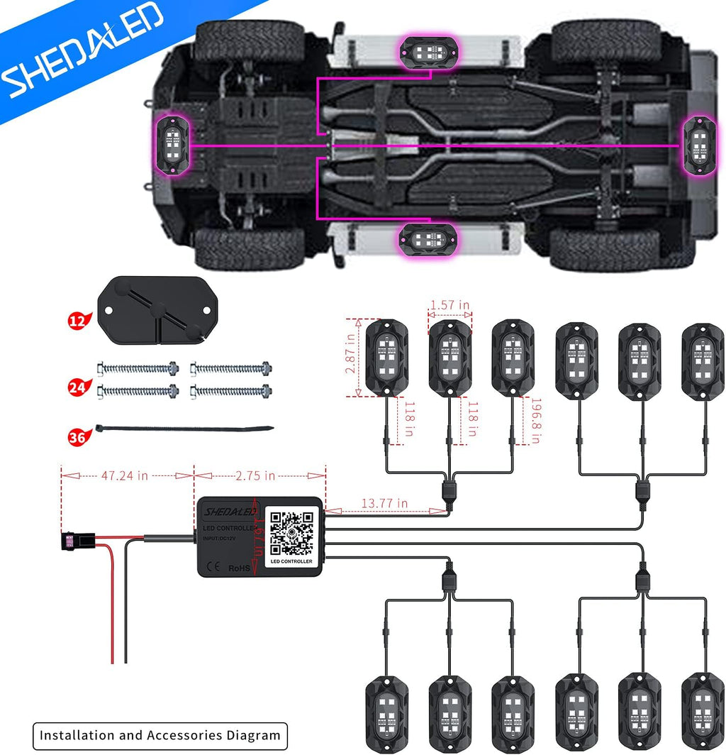 RGB Rock Lights Kit, 12 PCS Underglow Multicolor Neon Light G448674