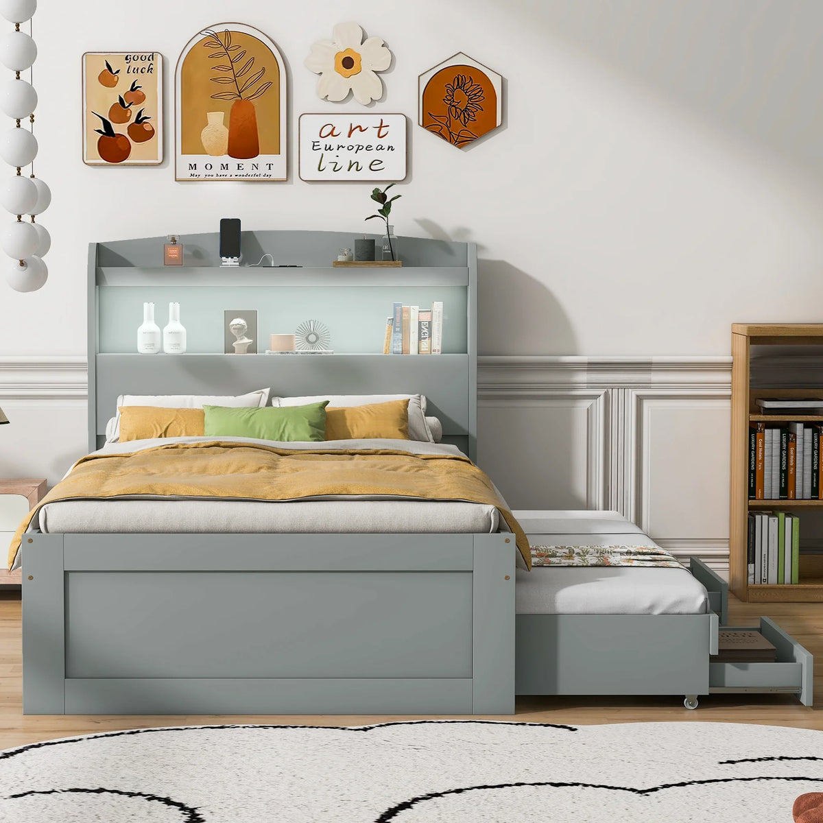 Gray Wood Twin XL Platform Bed with Storage and Drawers V1061