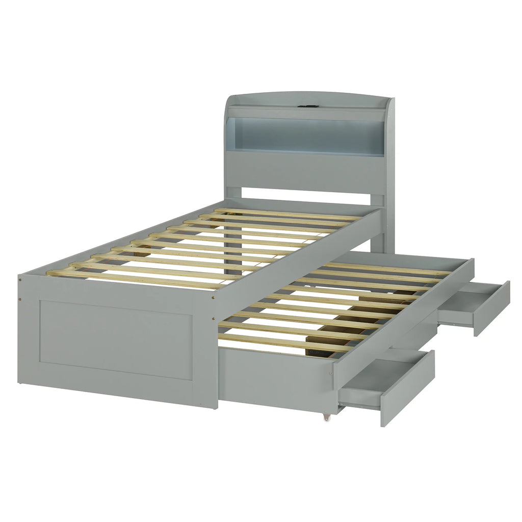 Gray Wood Twin XL Platform Bed with Storage and Drawers V1061