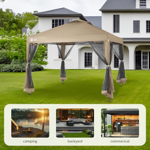 10x10 Pop Up Canopy with Mosquito Netting and Wheeled Storage Bag, Beige V8439