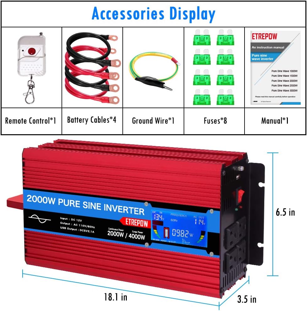1000 Watt Pure Sine Wave Power Inverter 12V DC to 110V AC H26270