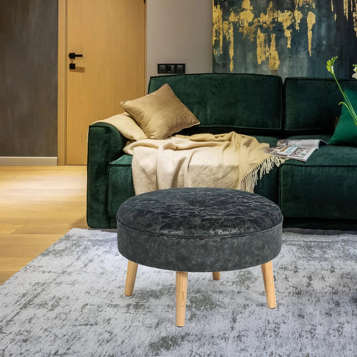 Small Round Velvet Ottoman with Wooden Legs N55591