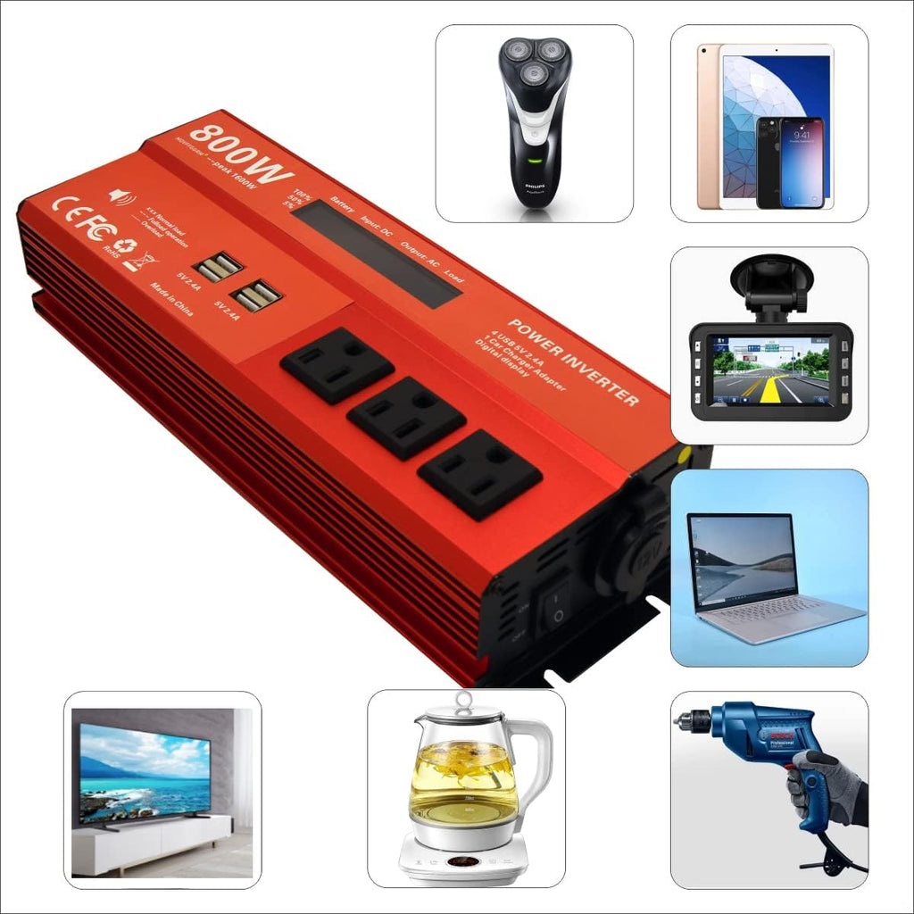 800W Modified Sine Wave Power Inverter, 12V DC to 110V AC, 4 USB Ports B15260
