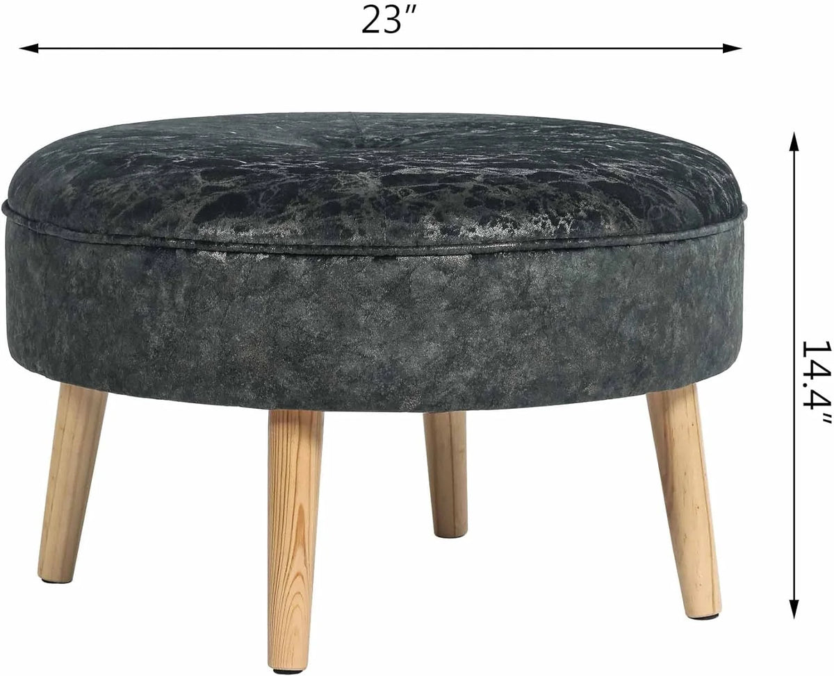 Small Round Velvet Ottoman with Wooden Legs N55591