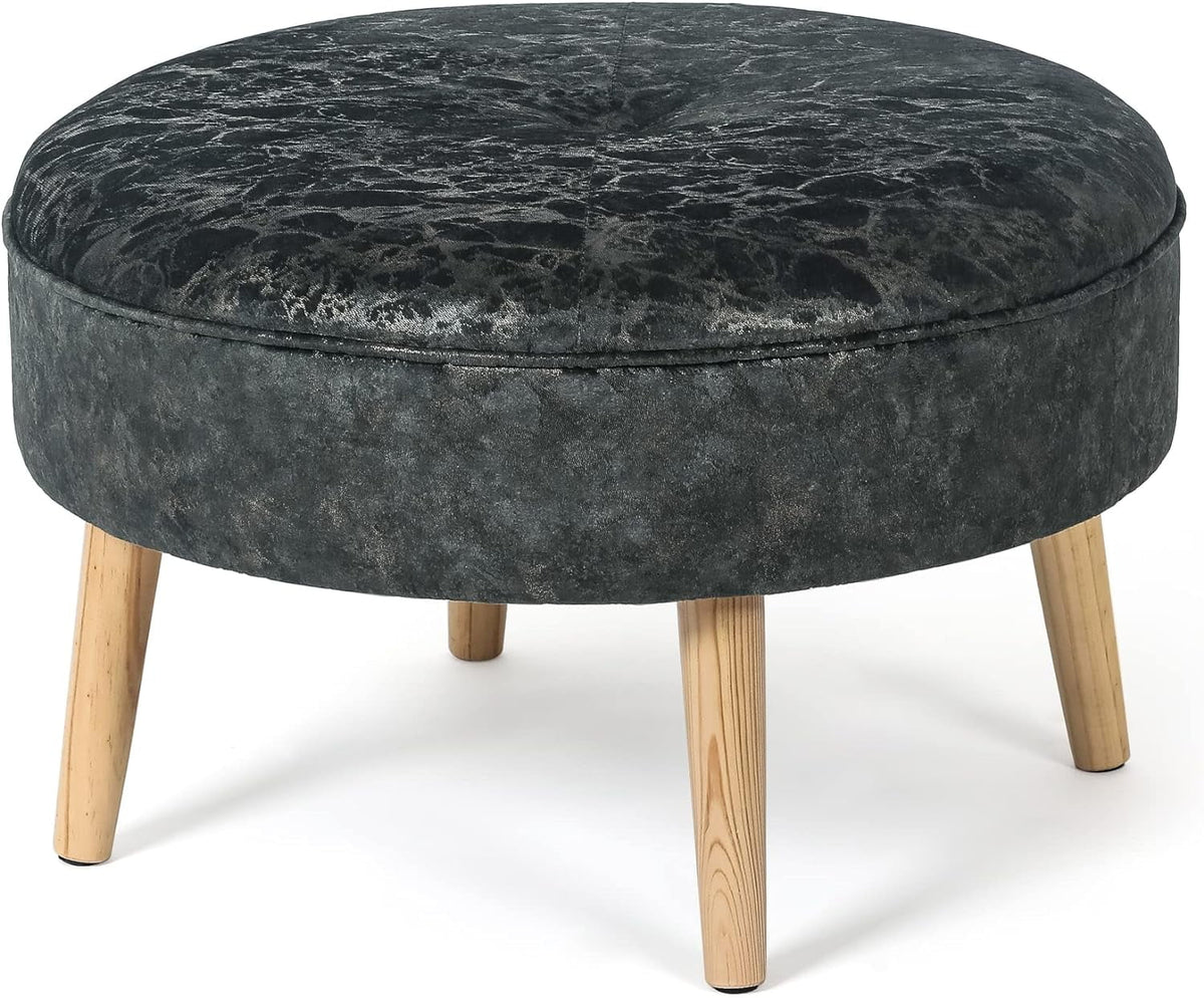 Small Round Velvet Ottoman with Wooden Legs N55591