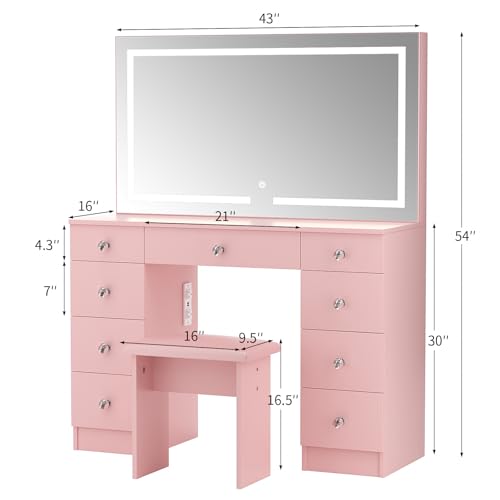 Lighted Mirror Vanity Desk with Power Outlet and 9 Drawers J887774