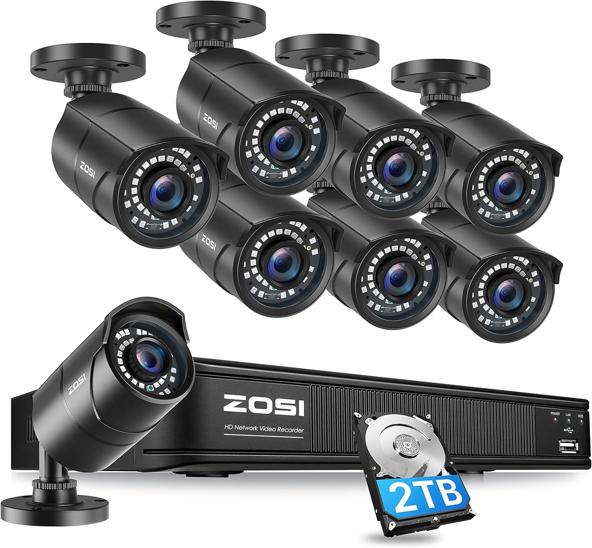 5MP 2K 8 Channel CCTV DVR 2TB 8 Weatherproof Bullet Cameras Home Security Camera System U64180