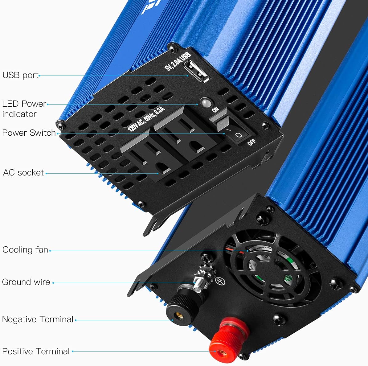 1000W Pure Sine Wave Inverter 12V to 110V with Dual AC Outlets V831312