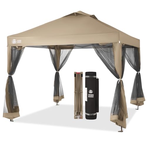 10x10 Pop Up Canopy with Mosquito Netting and Wheeled Storage Bag, Beige V8439