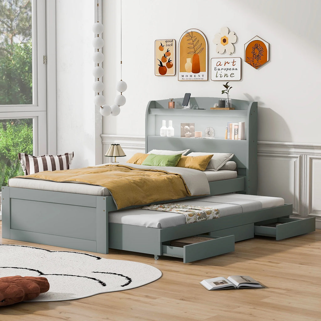 Gray Wood Twin XL Platform Bed with Storage and Drawers V1061