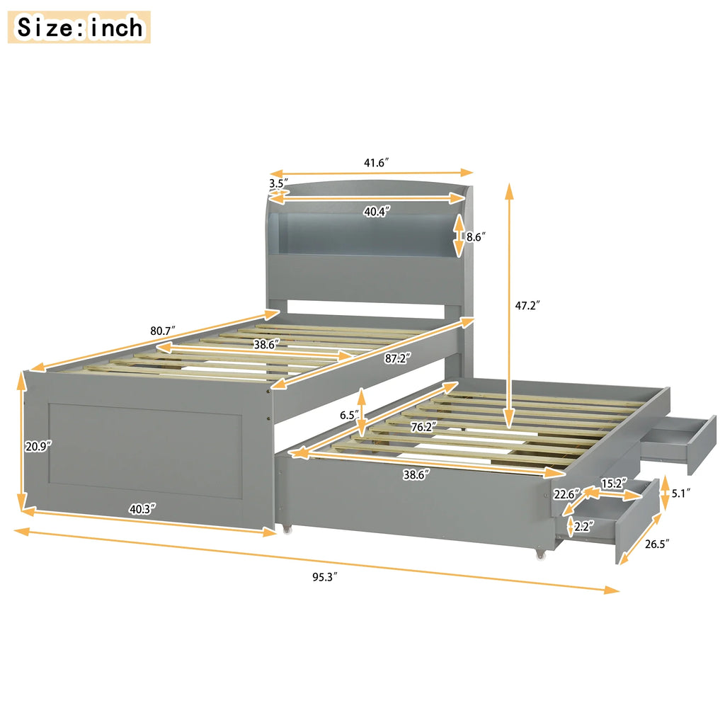 Gray Wood Twin XL Platform Bed with Storage and Drawers V1061