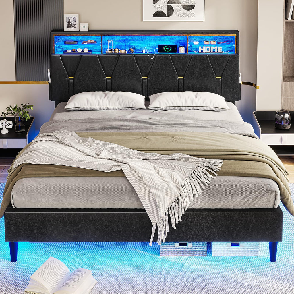 Queen Size Dark Gray Bed Frame with Bookcase Headboard and USB Ports C3540