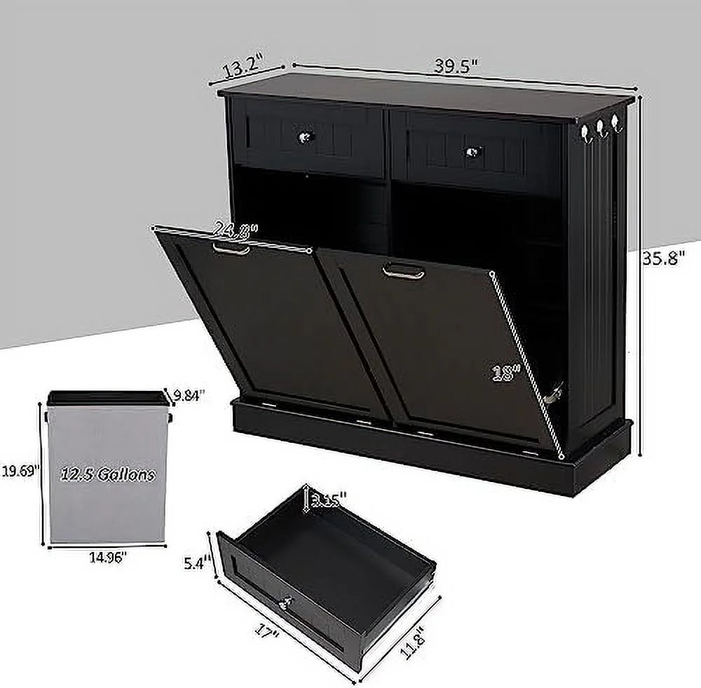 Double Tilt Out Trash Cabinet Laundry Hamper 20 Gallon Black R6423