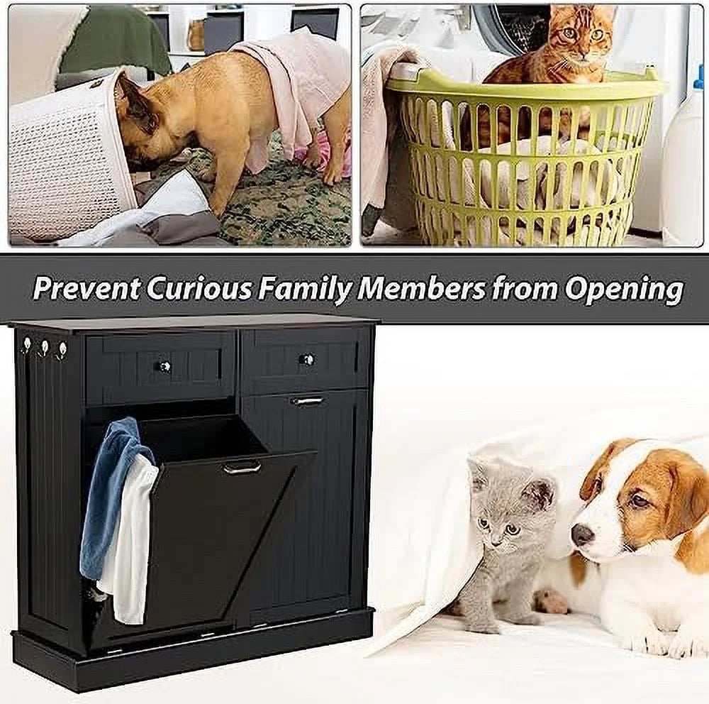 Double Tilt Out Trash Cabinet Laundry Hamper 20 Gallon Black R6423