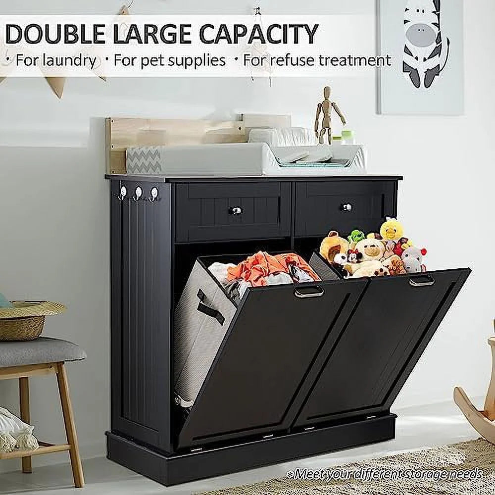 Double Tilt Out Trash Cabinet Laundry Hamper 20 Gallon Black R6423