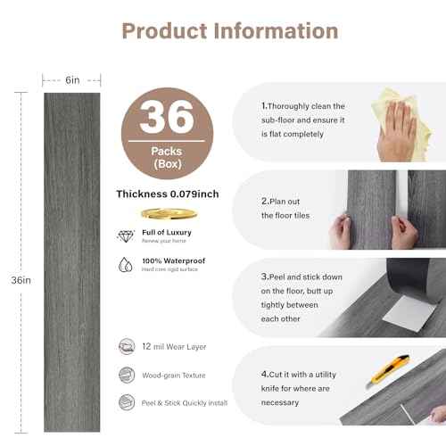 Peel and Stick Waterproof Vinyl Flooring 36-Pack Deep Gray J246754